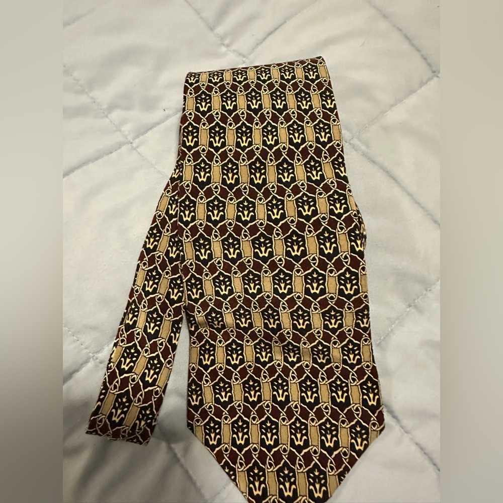Pierre Cardin Rust Brown, Black, Tan and Gold Patterned Silk Tie